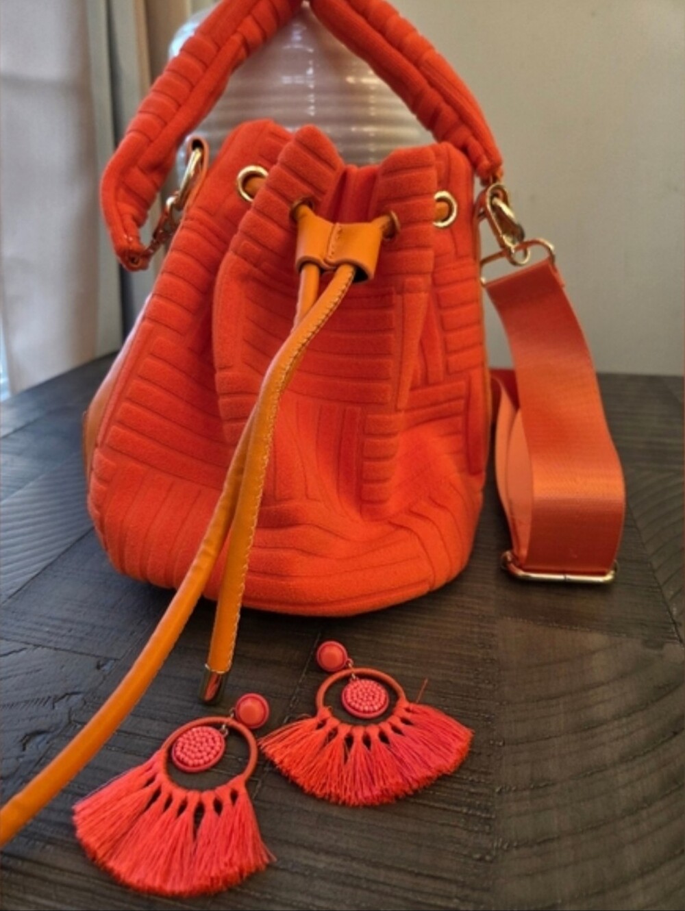 Soft Terrycloth Drawstring Bucket Bag J Crew Neon Orange Fringe Flair Earrings
